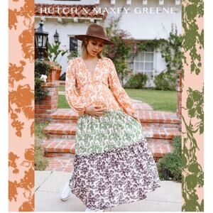 Hutch x Maxey Greene Long Sleeve Floral Boho Maternity Maxi Dress Size Medium